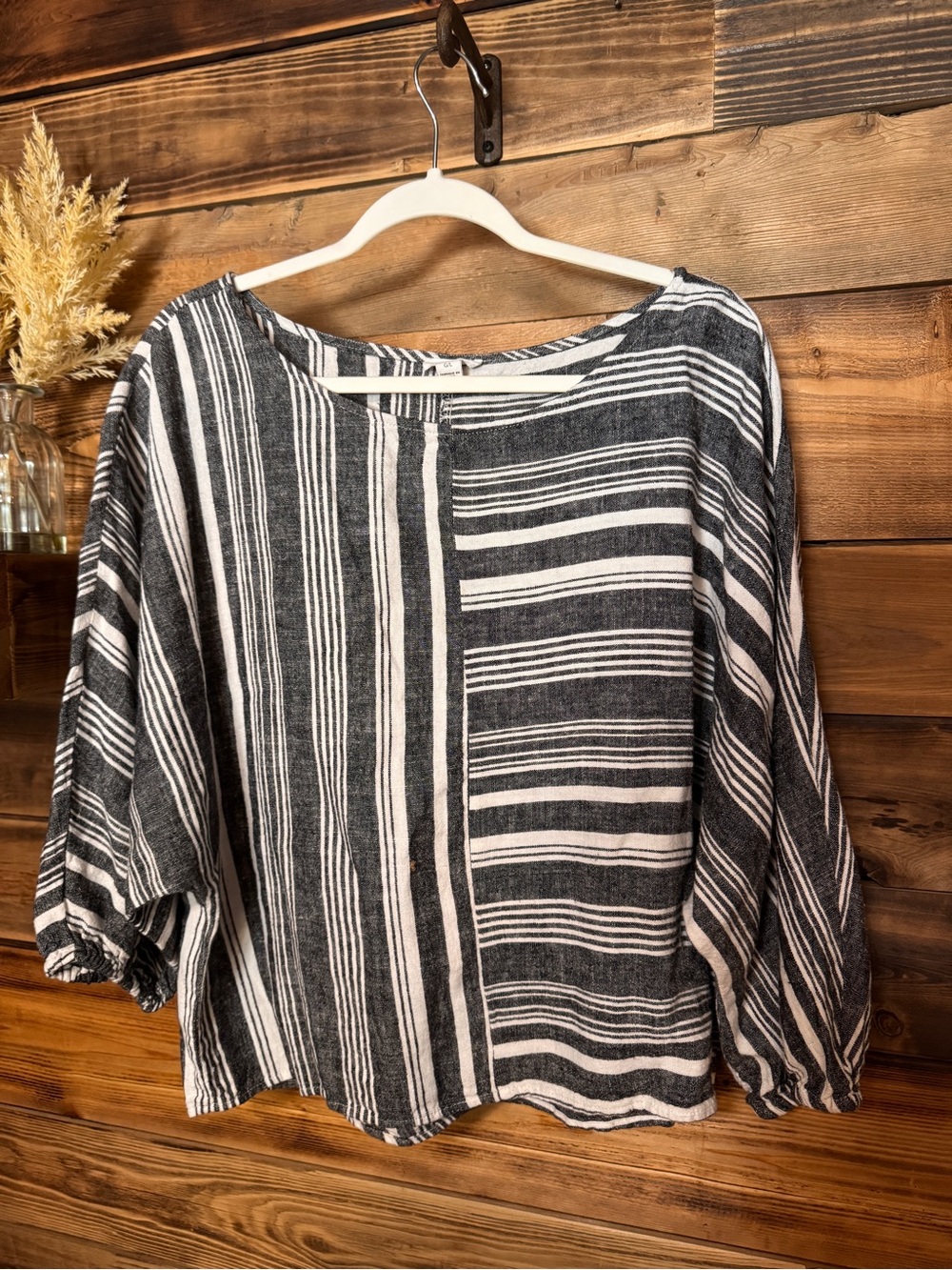 🤍 Tribal Mixed Stripe Linen Blend Blouse – Size Large - Picture 2 of 8